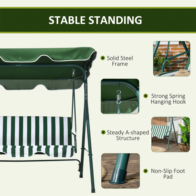 Outsunny 3-Seater Outdoor Porch Swing with Adjustable Canopy, Patio Swing Chair for Garden, Poolside, Backyard, Green and White