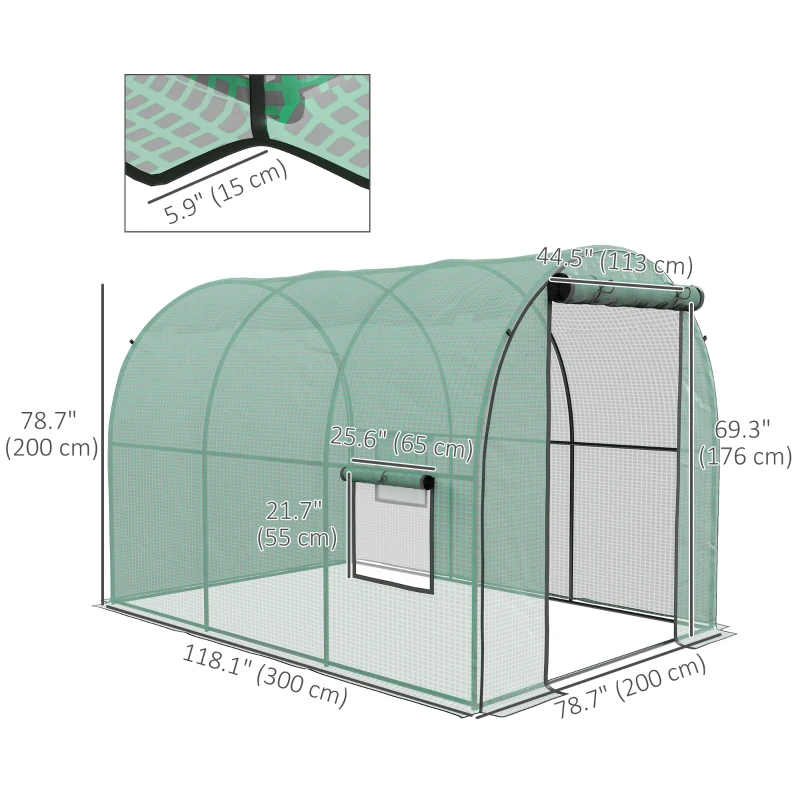 Outsunny Polytunnel Greenhouse Walk-in Grow House with Plasric Cover, Door, Mesh Window and Steel Frame, 6.6' x 10' x 6.6'