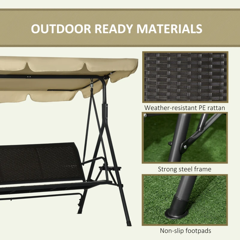 Outsunny Outdoor 3-Seat Porch Swing with Canopy, Rattan Seat, Removable Cushion, Pillows and Steel Frame