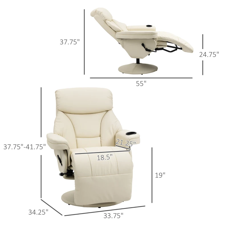 HOMCOM Manual Recliner, Swivel Lounge Armchair with Footrest and Cup Holder, Cream White