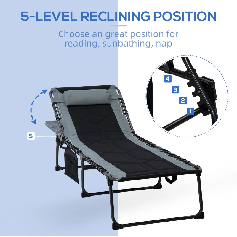 Outsunny Folding Chaise Lounge w/ 5-level Reclining Back, Outdoor Tanning Chair Lounge Chair w/ Padded Seat, Side Pocket, Headrest, Carry Strap, for Beach, Yard, Patio, Black