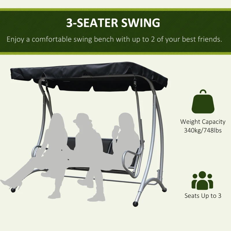 Outsunny 3-Seater Outdoor Swing Chair Bench with Adjustable Canopy, Black