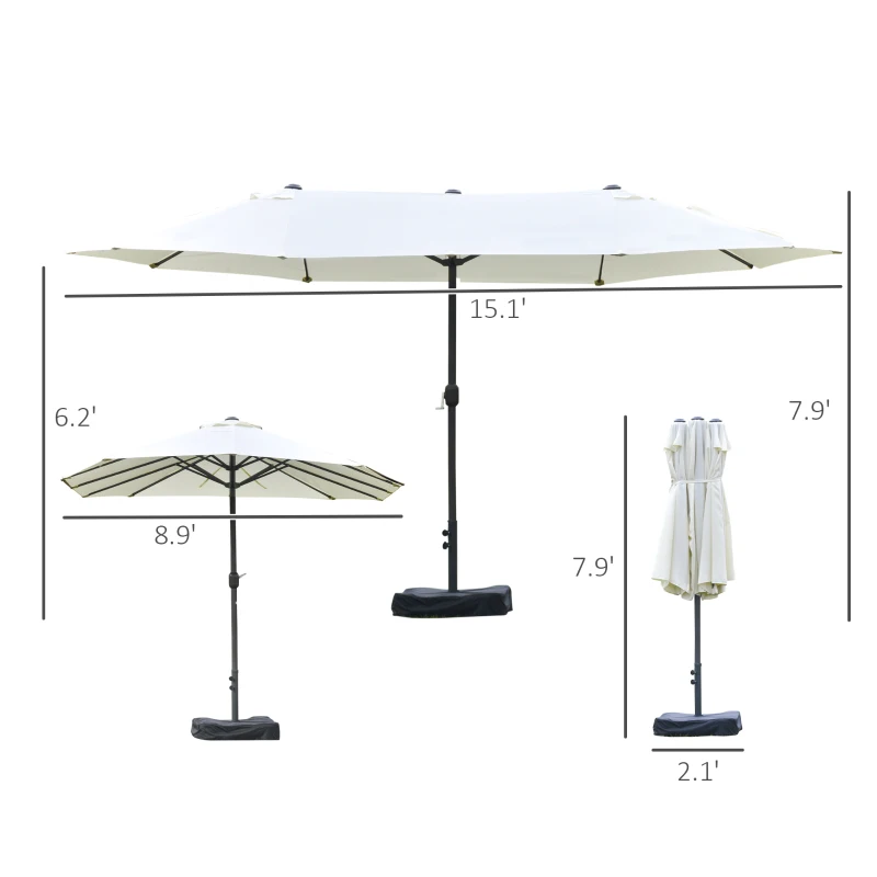 Outsunny 15' Outdoor Patio Umbrella with Twin Canopy Sunshade Steel Table Umbrella w/ Lift Crank, Cross base, Sandbag, Beige