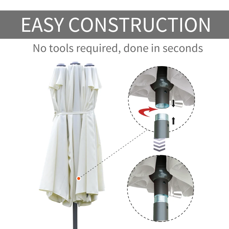 Outsunny 15' Outdoor Patio Umbrella with Twin Canopy Sunshade Steel Table Umbrella w/ Lift Crank, Cross base, Sandbag, Beige