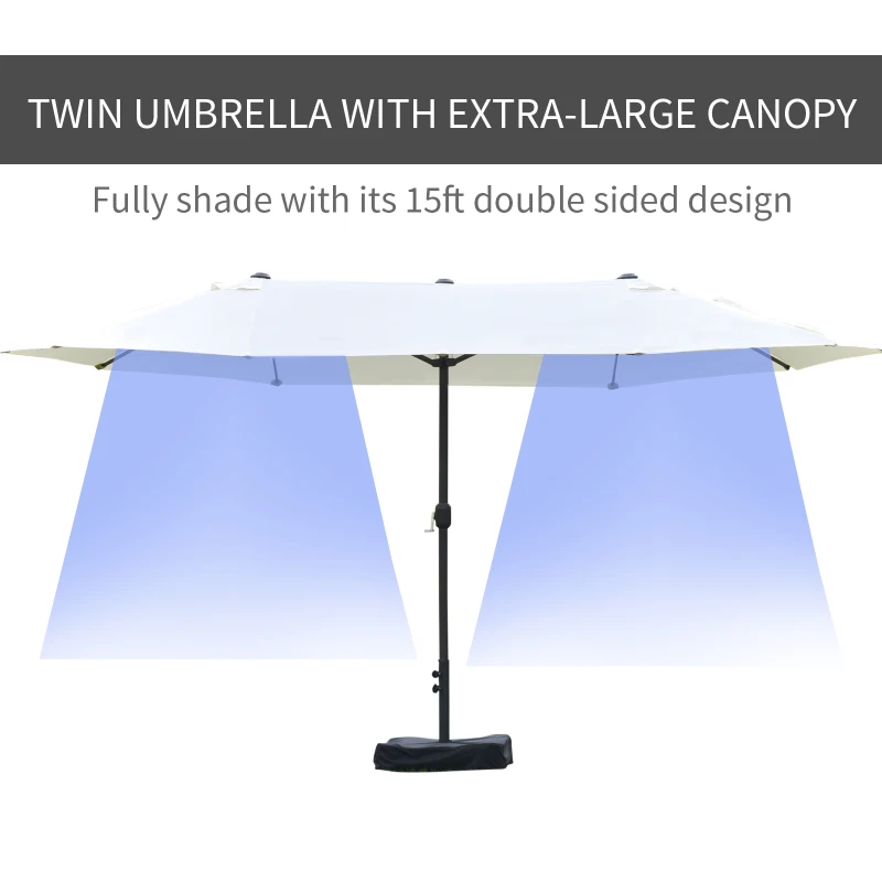 Outsunny 15' Outdoor Patio Umbrella with Twin Canopy Sunshade Steel Table Umbrella w/ Lift Crank, Cross base, Sandbag, Beige