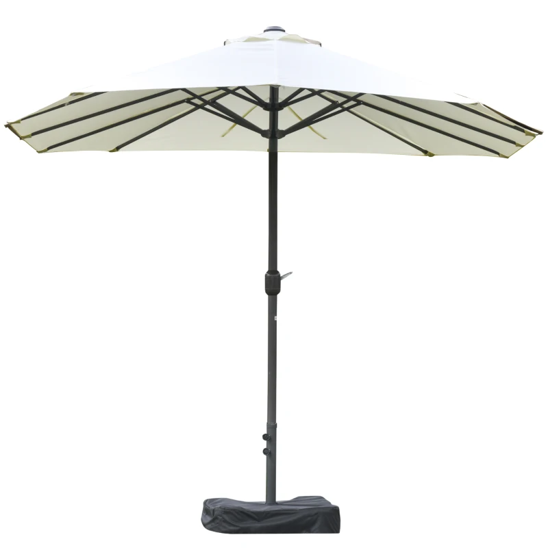 Outsunny 15' Outdoor Patio Umbrella with Twin Canopy Sunshade Steel Table Umbrella w/ Lift Crank, Cross base, Sandbag, Beige