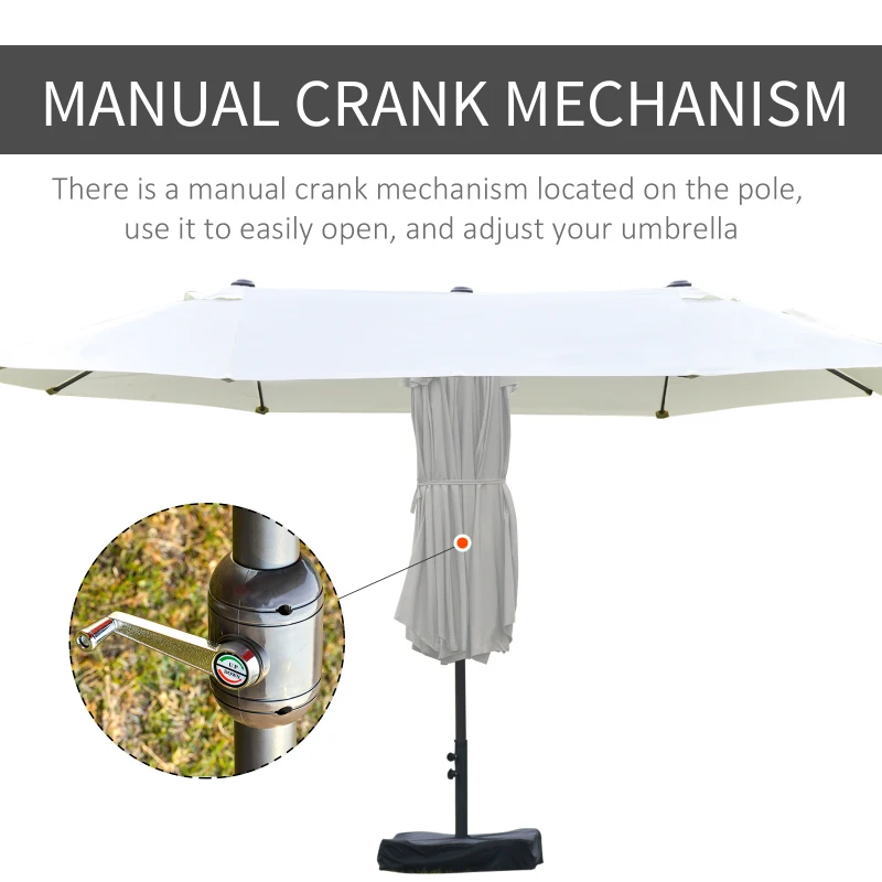 Outsunny 15' Outdoor Patio Umbrella with Twin Canopy Sunshade Steel Table Umbrella w/ Lift Crank, Cross base, Sandbag, Beige