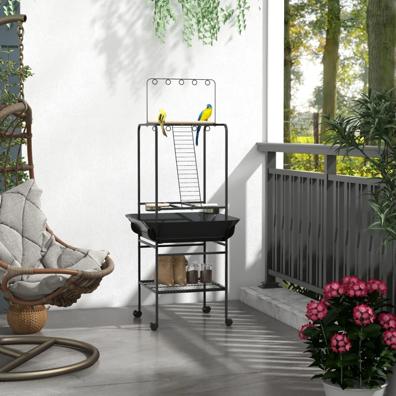 PawHut Bird Stand with Wheels, Perches, Stainless Steel Feed Bowls, Pull-Out Tray for Indoor Outdoor Small Parrot, Dark Gray