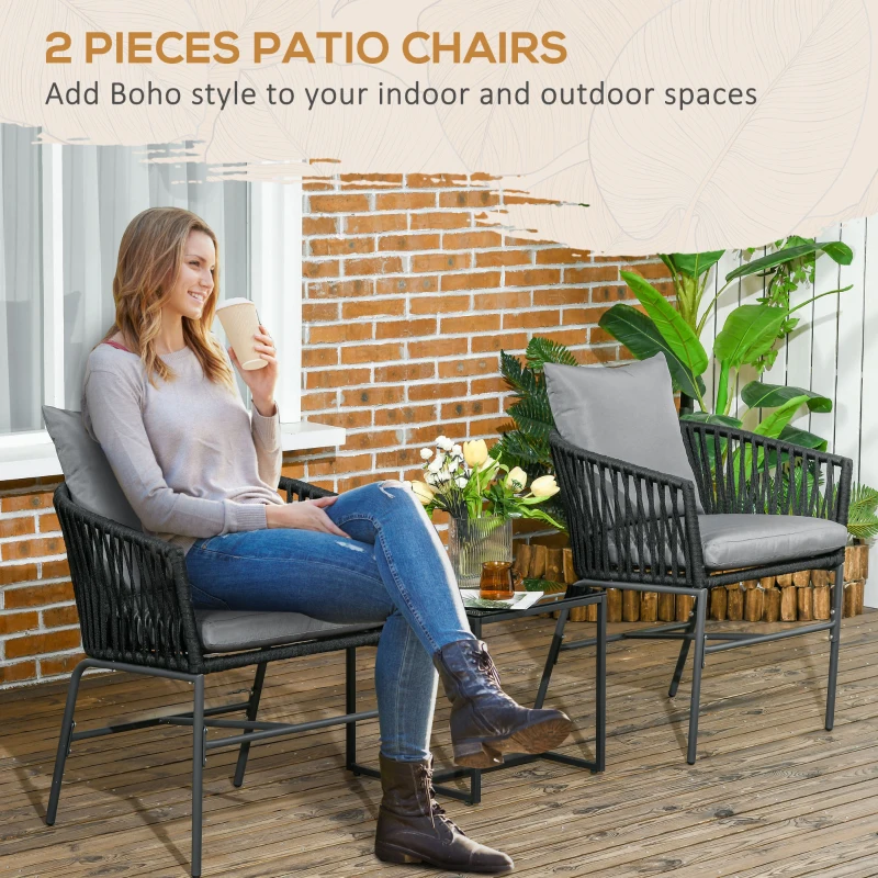 Outsunny Outdoor Dining Chairs Set of 2 Boho Rope Woven Patio Chairs with Cushions for Balcony, Lawn, Garden, Indoor, Dark Grey