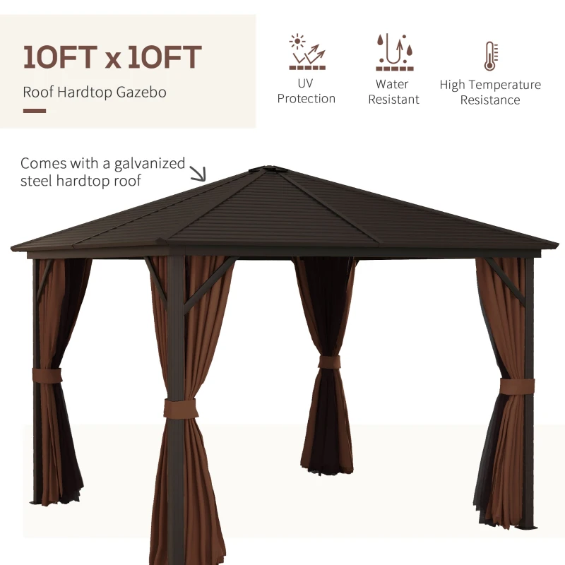 Outsunny 10' x 10' Hardtop Gazebo Canopy, Permanent Pavilion with Hook, Curtains, Aluminum Frame for Patio, Garden, Dark Brown