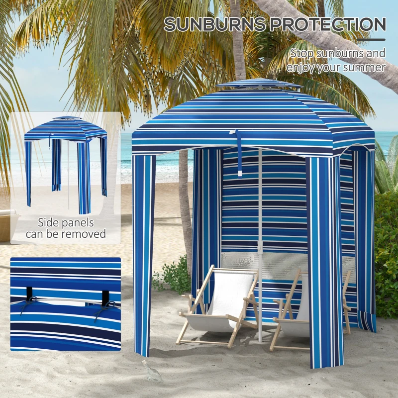 Outsunny 5.8' x 5.8' Cabana Umbrella for Travel, Walls, Vents, Ruffles, Carry Bag, Beach Umbrella, Blue Stripe