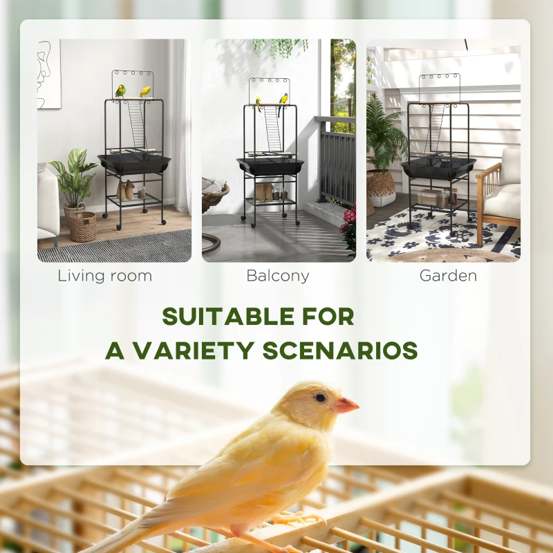 PawHut Bird Stand with Wheels, Perches, Stainless Steel Feed Bowls, Pull-Out Tray for Indoor Outdoor Small Parrot, Dark Gray