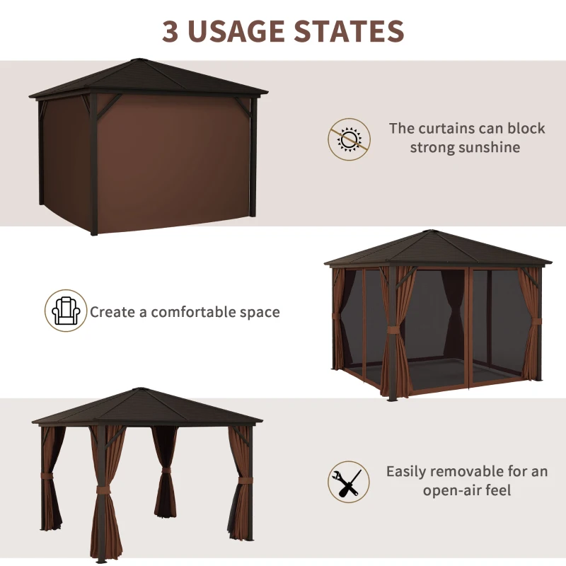 Outsunny 10' x 10' Hardtop Gazebo Canopy, Permanent Pavilion with Hook, Curtains, Aluminum Frame for Patio, Garden, Dark Brown