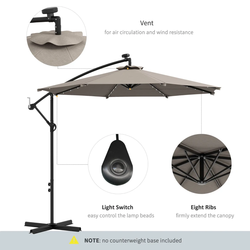 Outsunny 10ft Outdoor Cantilever Umbrella Banana Umbrella with Solar Lights and Adjustable Angle for Patio Backyard Khaki