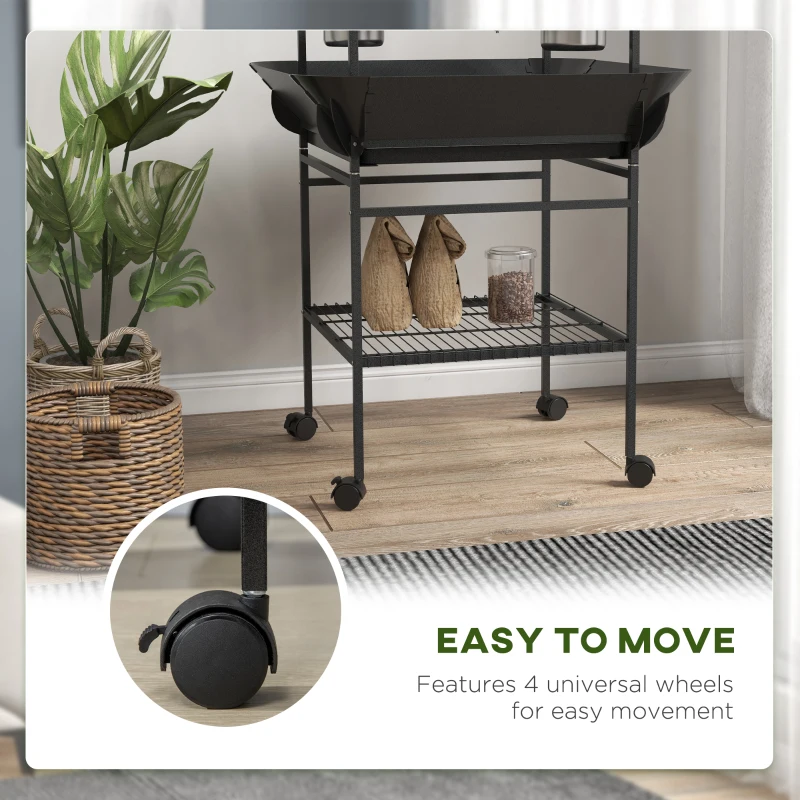 PawHut Bird Stand with Wheels, Perches, Stainless Steel Feed Bowls, Pull-Out Tray for Indoor Outdoor Small Parrot, Dark Gray