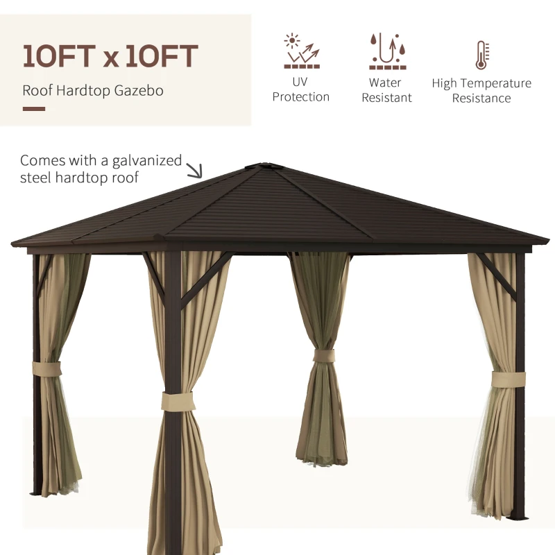 Outsunny 10' x 10' Hardtop Gazebo Canopy, Permanent Pavilion with Hook, Curtains, Aluminum Frame for Patio, Garden, Brown