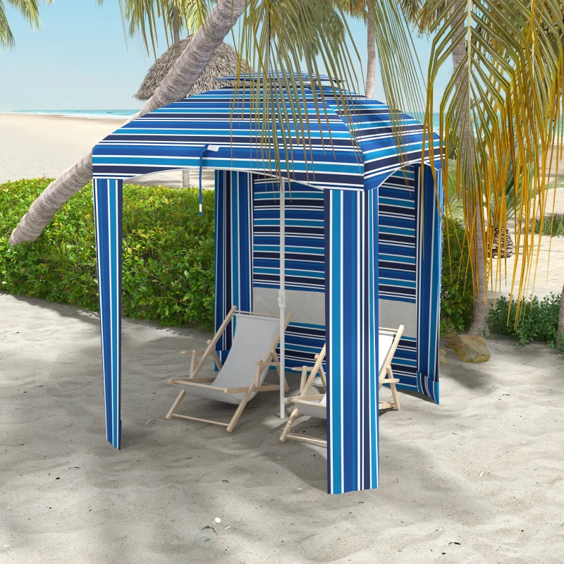 Outsunny 5.8' x 5.8' Cabana Umbrella for Travel, Walls, Vents, Ruffles, Carry Bag, Beach Umbrella, Blue Stripe