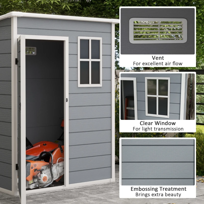 Outsunny Resin Garden Shed, 5'x3' Outdoor Storage Shed with Lock, Window, Vent, Utility Tool Shed for Backyard, Patio, Gray