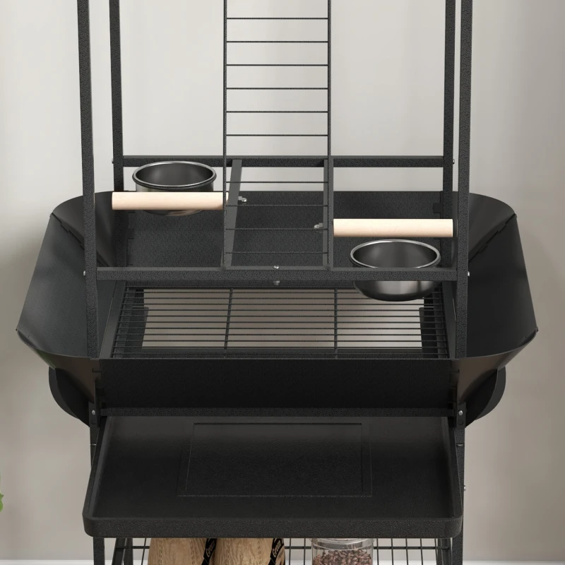 PawHut Bird Stand with Wheels, Perches, Stainless Steel Feed Bowls, Pull-Out Tray for Indoor Outdoor Small Parrot, Dark Gray