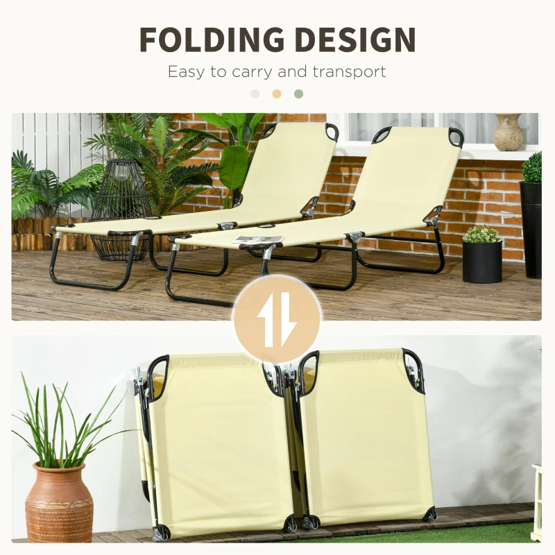 Outsunny Set of 2 Folding Outdoor Lounge Chair, Sun Tanning Chairs with Reclining Back, Breathable Mesh for Beach Patio, Beige
