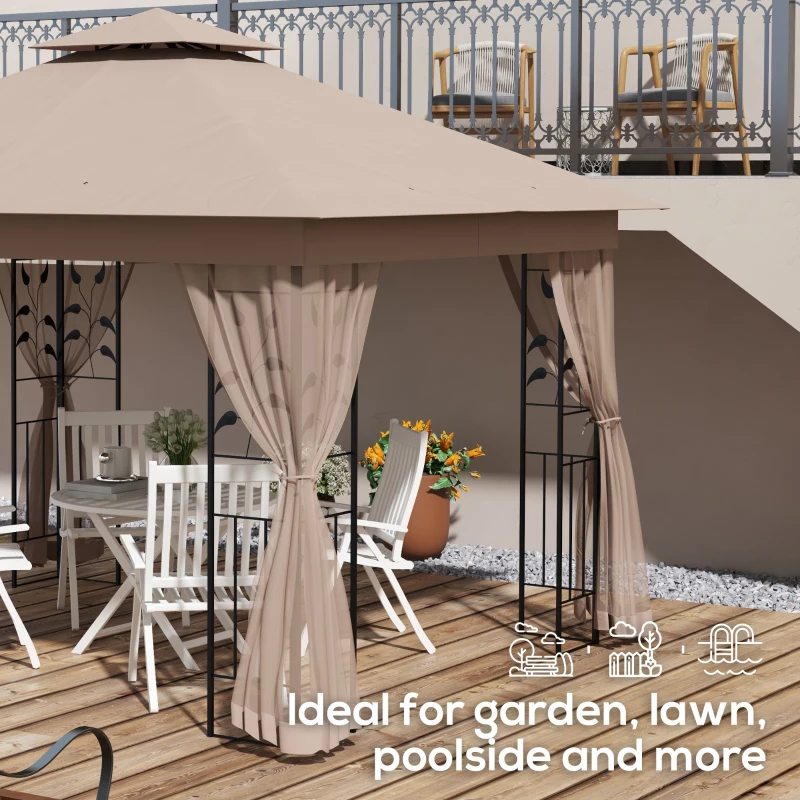 Outsunny 10' x 11.5' Metal Patio Gazebo, Double Roof Outdoor Gazebo Canopy Shelter w/Tree Motifs Corner Frame and Netting, Brown