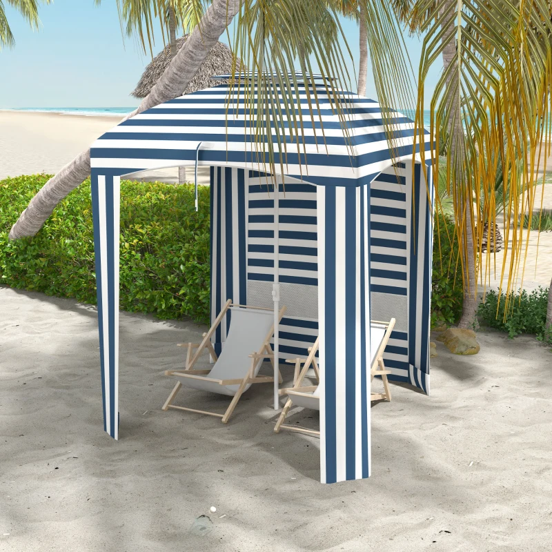 Outsunny 5.8' x 5.8' Cabana Umbrella for Travel, Walls, Vents, Ruffles, Carry Bag, Beach Umbrella, Blue & White Stripe