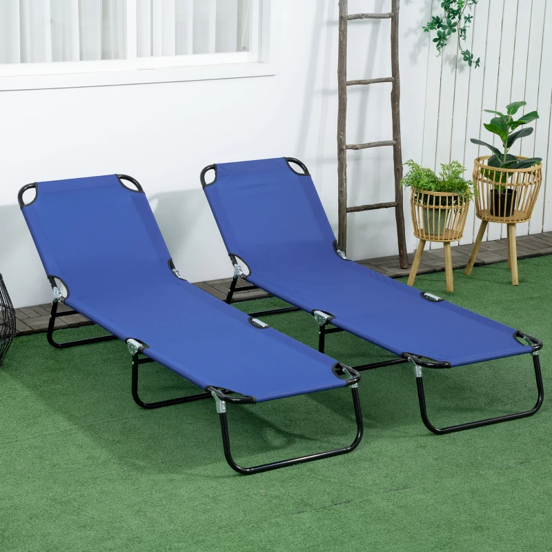 Outsunny Set of 2 Folding Outdoor Lounge Chair, Sun Tanning Chairs with Reclining Back, Breathable Mesh for Beach Patio, Blue