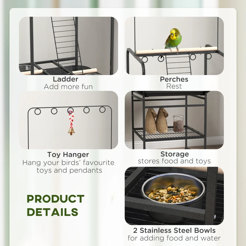 PawHut Bird Stand with Wheels, Perches, Stainless Steel Feed Bowls, Pull-Out Tray for Indoor Outdoor Small Parrot, Dark Gray