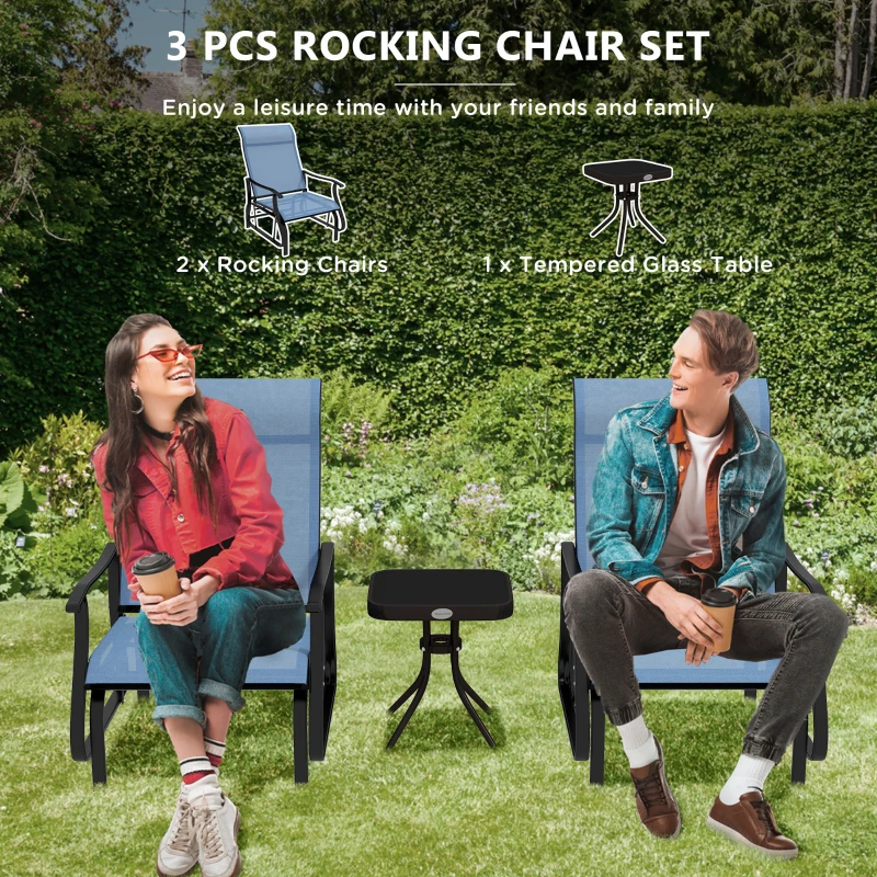 Outsunny 3-Piece Outdoor Gliders Set Bistro Set with Steel Frame, Tempered Glass Top Table for Patio, Garden, Light Blue