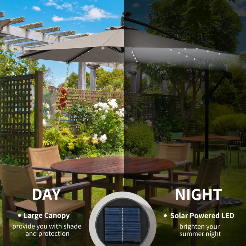 Outsunny 10ft Outdoor Cantilever Umbrella Banana Umbrella with Solar Lights and Adjustable Angle for Patio Backyard Khaki