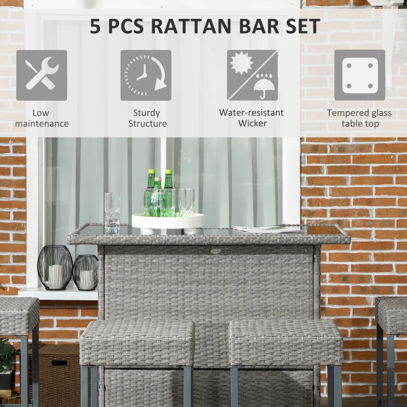 Outsunny 5 Piece Rattan Wicker Bar Set, High Top Outdoor Table and Chairs, Bar Height Patio Set, 2 Shelves & 4 Bar Stools, Gray