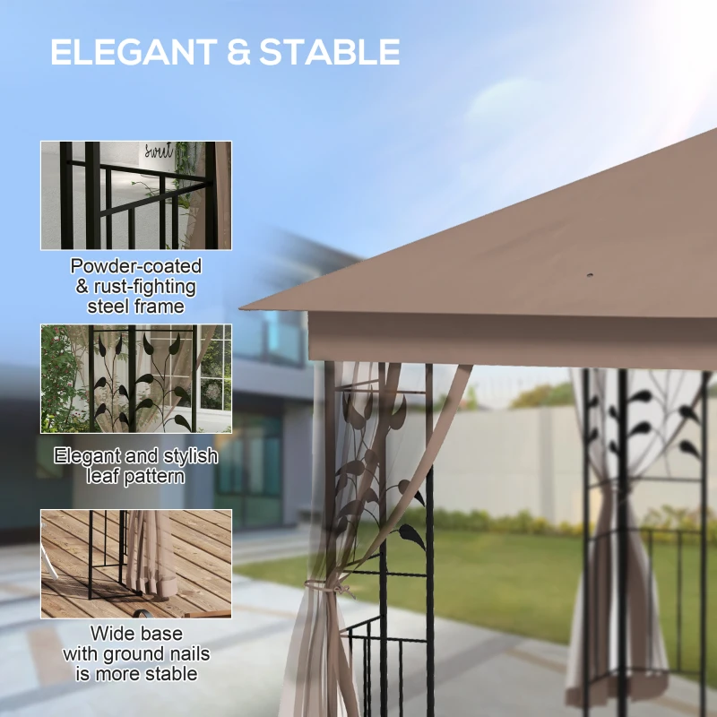 Outsunny 10' x 11.5' Metal Patio Gazebo, Double Roof Outdoor Gazebo Canopy Shelter w/Tree Motifs Corner Frame and Netting, Brown
