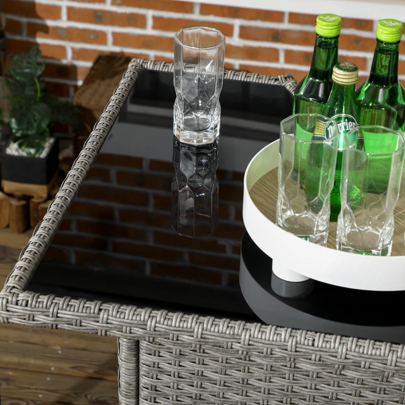 Outsunny 5 Piece Rattan Wicker Bar Set, High Top Outdoor Table and Chairs, Bar Height Patio Set, 2 Shelves & 4 Bar Stools, Gray