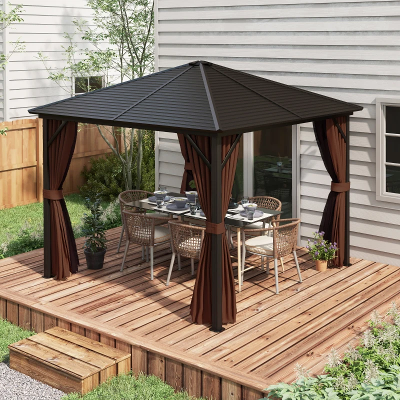 Outsunny 10' x 10' Hardtop Gazebo Canopy, Permanent Pavilion with Hook, Curtains, Aluminum Frame for Patio, Garden, Dark Brown