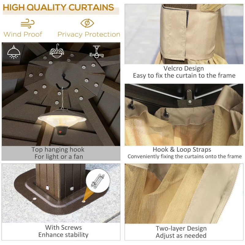 Outsunny 10' x 10' Hardtop Gazebo Canopy, Permanent Pavilion with Hook, Curtains, Aluminum Frame for Patio, Garden, Brown