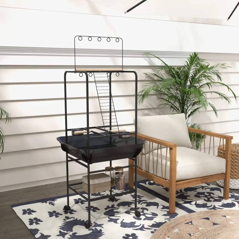 PawHut Bird Stand with Wheels, Perches, Stainless Steel Feed Bowls, Pull-Out Tray for Indoor Outdoor Small Parrot, Dark Gray