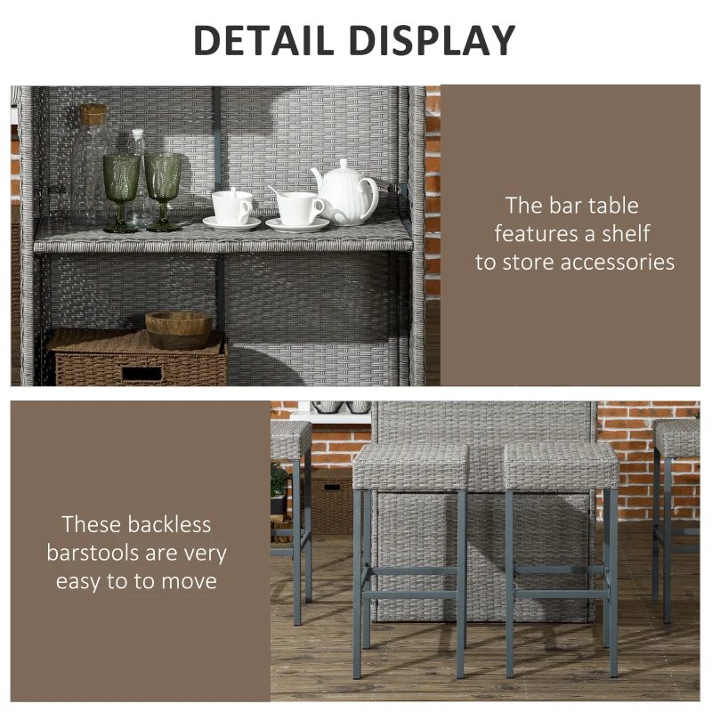 Outsunny 5 Piece Rattan Wicker Bar Set, High Top Outdoor Table and Chairs, Bar Height Patio Set, 2 Shelves & 4 Bar Stools, Gray