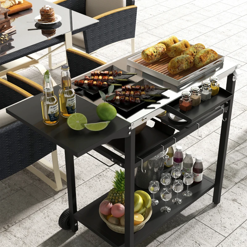 Outsunny 2-Tier Shelf Outdoor Bar Cart, Stainless Steel Tabletop Patio Serving Cart with Accessories for Poolside, Garden, Black