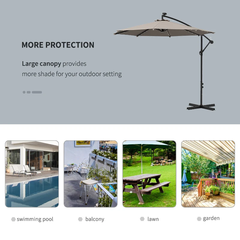 Outsunny 10ft Outdoor Cantilever Umbrella Banana Umbrella with Solar Lights and Adjustable Angle for Patio Backyard Khaki