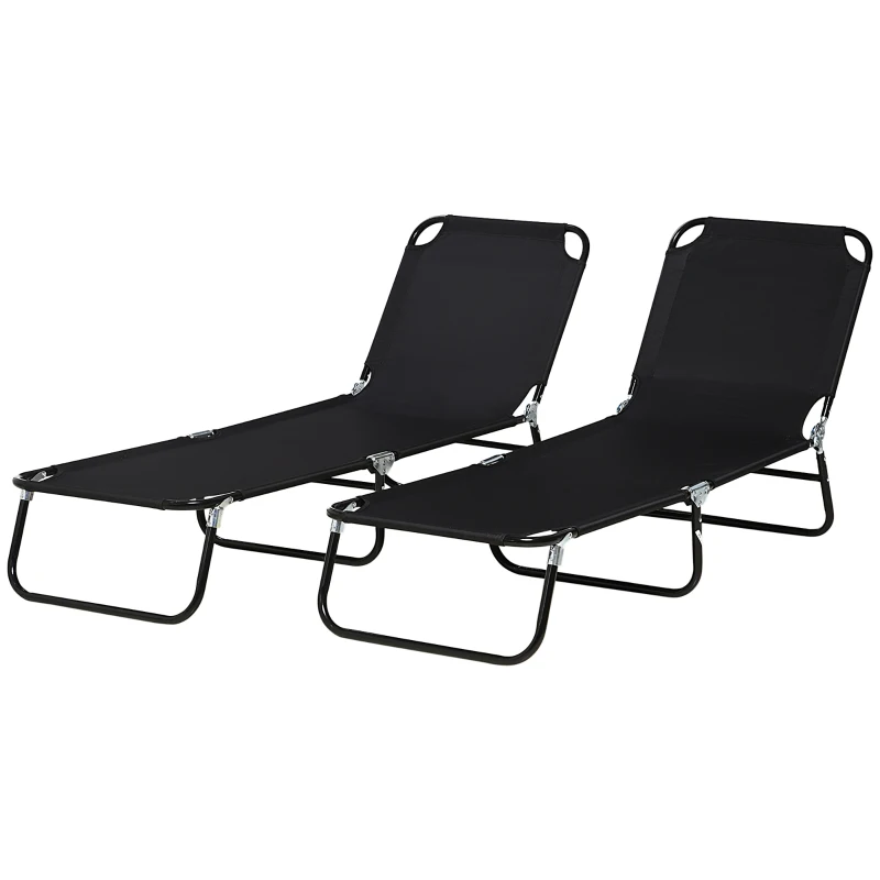 Outsunny Set of 2 Folding Outdoor Lounge Chair, Sun Tanning Chairs with Reclining Back, Breathable Mesh for Beach Patio, Black