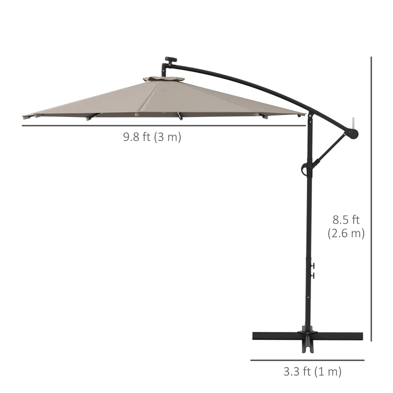 Outsunny 10ft Outdoor Cantilever Umbrella Banana Umbrella with Solar Lights and Adjustable Angle for Patio Backyard Khaki