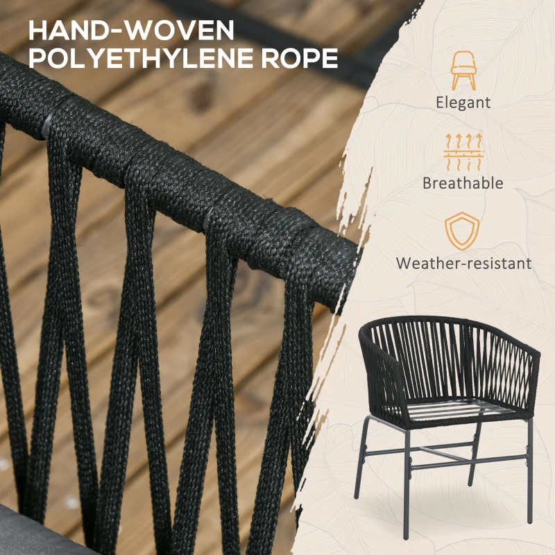 Outsunny Outdoor Dining Chairs Set of 2 Boho Rope Woven Patio Chairs with Cushions for Balcony, Lawn, Garden, Indoor, Dark Grey