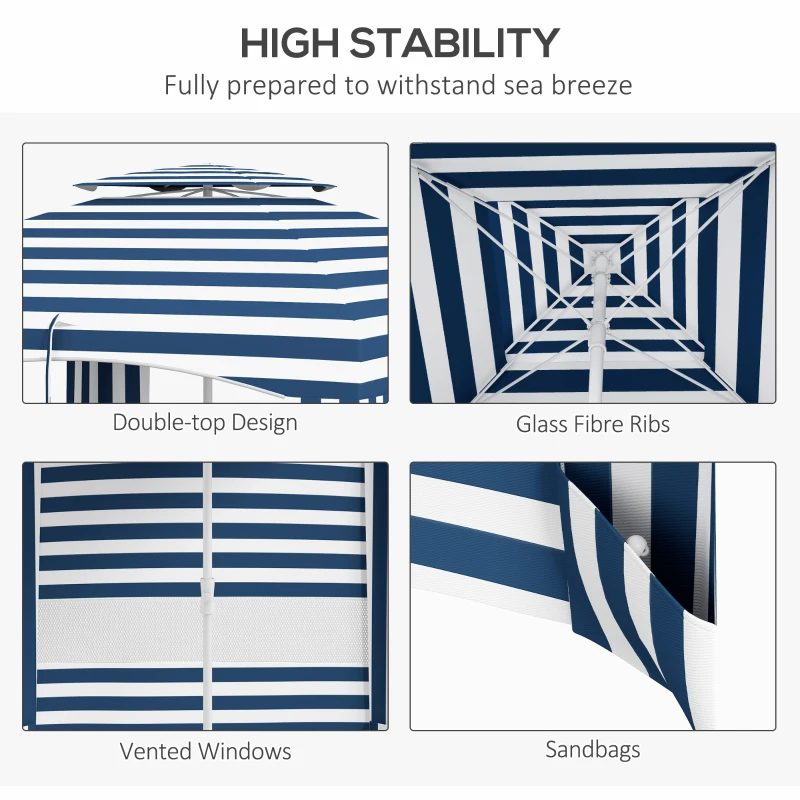 Outsunny 5.8' x 5.8' Cabana Umbrella for Travel, Walls, Vents, Ruffles, Carry Bag, Beach Umbrella, Blue & White Stripe