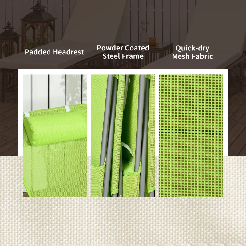 Outsunny Set of 2 Folding Chaise Lounge Chairs, Outdoor Poolside Sun Tanning Chairs w/ Pillow, Reclining Backrest, Green