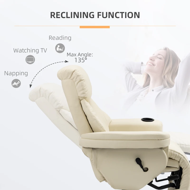 HOMCOM Manual Recliner, Swivel Lounge Armchair with Footrest and Cup Holder, Cream White