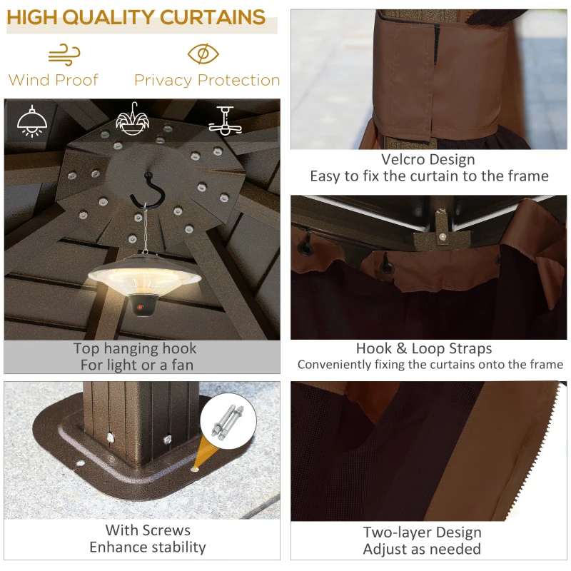 Outsunny 10' x 10' Hardtop Gazebo Canopy, Permanent Pavilion with Hook, Curtains, Aluminum Frame for Patio, Garden, Dark Brown