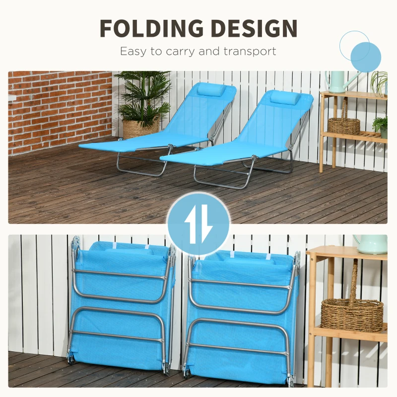 Outsunny Set of 2 Folding Chaise Lounge Chairs, Outdoor Poolside Sun Tanning Chairs w/ Pillow, Reclining Backrest, Blue