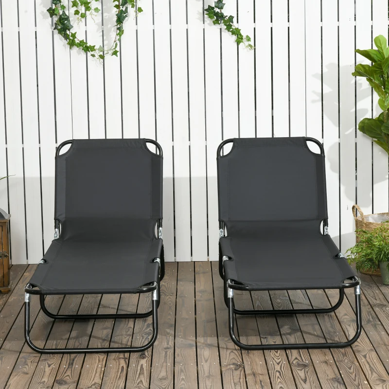 Outsunny Set of 2 Folding Outdoor Lounge Chair, Sun Tanning Chairs with Reclining Back, Breathable Mesh for Beach Patio, Black