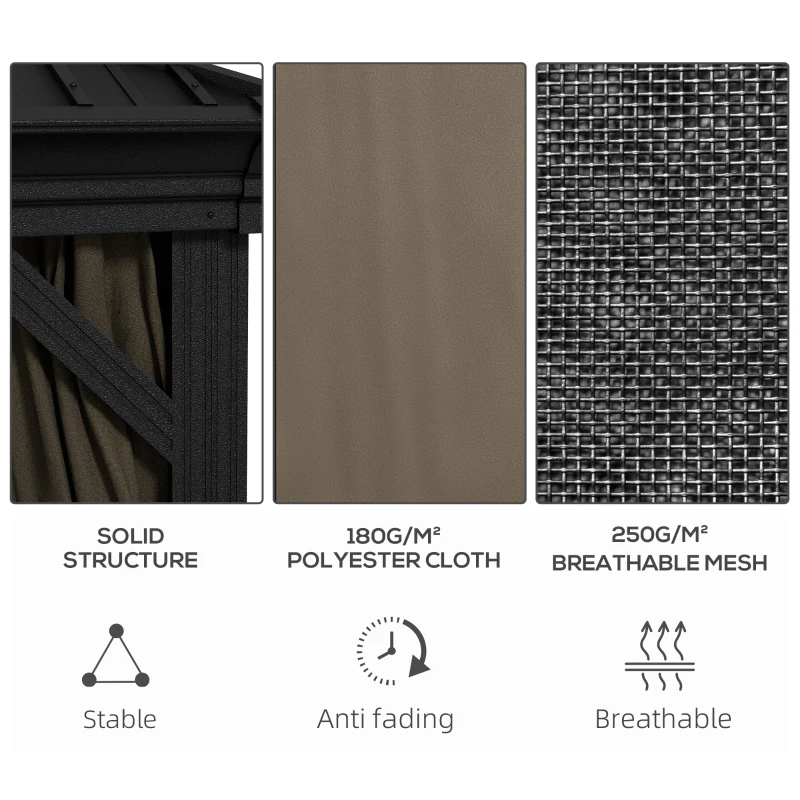 Outsunny 10' x 10' Hardtop Gazebo, Pavilion Gazebo with Curtains, Nettings, Aluminum Frame, Hooks, for Garden, Patio, Dark Brown