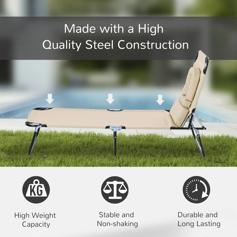 Outsunny Outdoor Lounge Chair, Garden Folding Chaise Lounge w/ Adjustable Backrest, Face Hole and Support Pillow, Beige